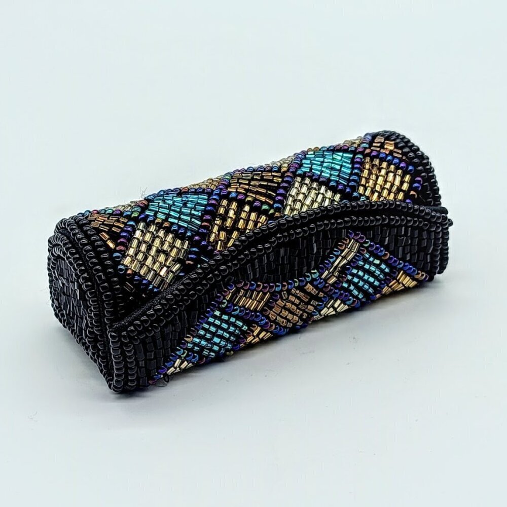 Vintage Diamond Pattern Beaded Hardside Mirrored Lipstick Case